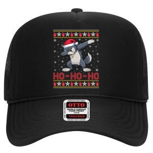 Funny Ugly Christmas Santa Hat Dabbing Wolf Ho Ho Ho High Crown Mesh Back Trucker Hat