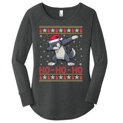 Funny Ugly Christmas Santa Hat Dabbing Wolf Ho Ho Ho Women's Perfect Tri Tunic Long Sleeve Shirt