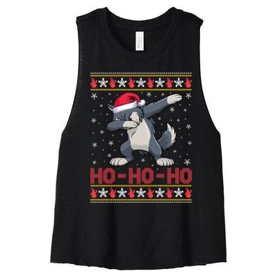 Funny Ugly Christmas Santa Hat Dabbing Wolf Ho Ho Ho Women's Racerback Cropped Tank