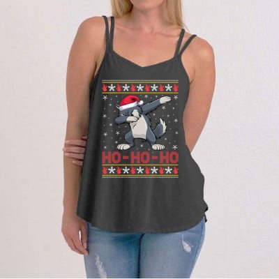 Funny Ugly Christmas Santa Hat Dabbing Wolf Ho Ho Ho Women's Strappy Tank