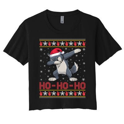 Funny Ugly Christmas Santa Hat Dabbing Wolf Ho Ho Ho Women's Crop Top Tee