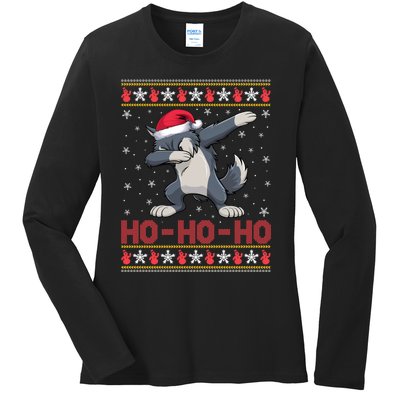 Funny Ugly Christmas Santa Hat Dabbing Wolf Ho Ho Ho Ladies Long Sleeve Shirt