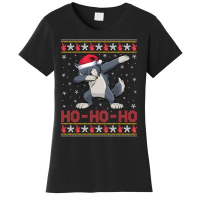 Funny Ugly Christmas Santa Hat Dabbing Wolf Ho Ho Ho Women's T-Shirt