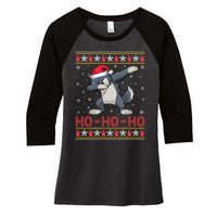 Funny Ugly Christmas Santa Hat Dabbing Wolf Ho Ho Ho Women's Tri-Blend 3/4-Sleeve Raglan Shirt