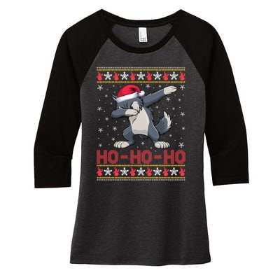 Funny Ugly Christmas Santa Hat Dabbing Wolf Ho Ho Ho Women's Tri-Blend 3/4-Sleeve Raglan Shirt