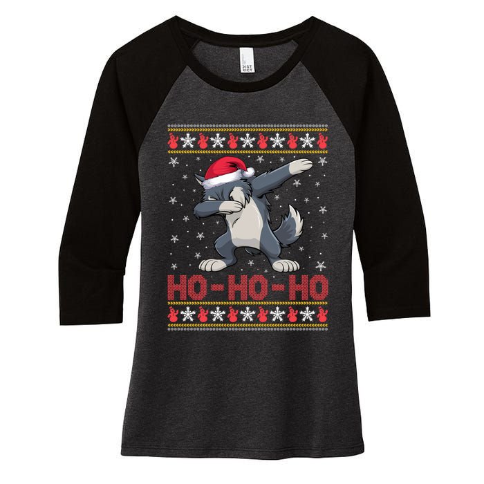 Funny Ugly Christmas Santa Hat Dabbing Wolf Ho Ho Ho Women's Tri-Blend 3/4-Sleeve Raglan Shirt