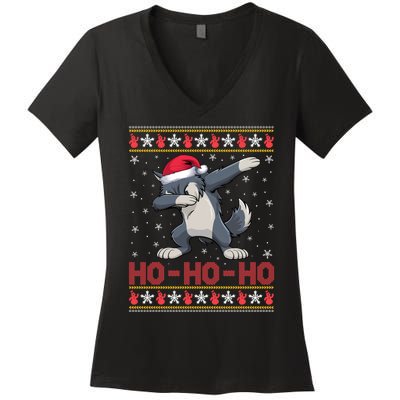 Funny Ugly Christmas Santa Hat Dabbing Wolf Ho Ho Ho Women's V-Neck T-Shirt