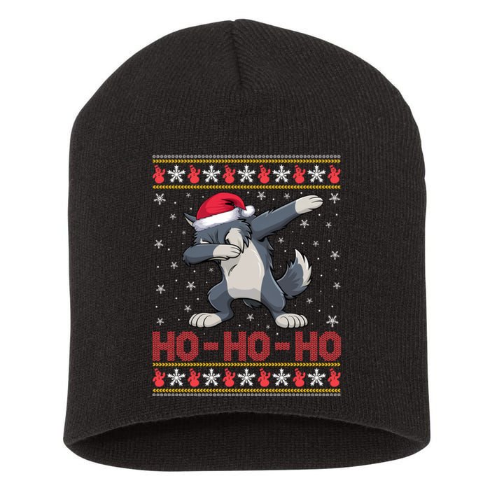 Funny Ugly Christmas Santa Hat Dabbing Wolf Ho Ho Ho Short Acrylic Beanie