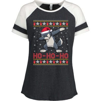 Funny Ugly Christmas Santa Hat Dabbing Wolf Ho Ho Ho Enza Ladies Jersey Colorblock Tee