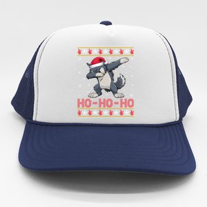 Funny Ugly Christmas Santa Hat Dabbing Wolf Ho Ho Ho Trucker Hat