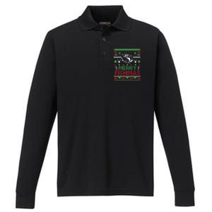 Fishing Ugly Christmas Bass Fish Merry Fishmas Funny Gift Performance Long Sleeve Polo