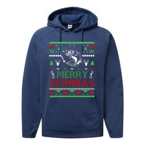 Fishing Ugly Christmas Bass Fish Merry Fishmas Funny Gift Performance Fleece Hoodie