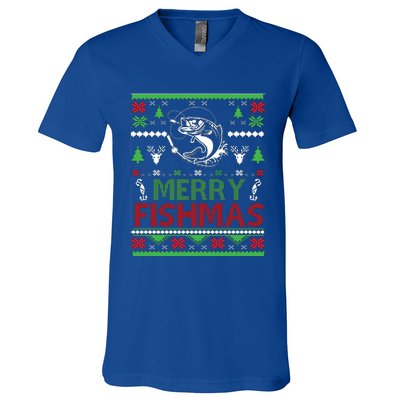 Fishing Ugly Christmas Bass Fish Merry Fishmas Gift V-Neck T-Shirt