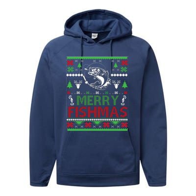 Fishing Ugly Christmas Bass Fish Merry Fishmas Gift Performance Fleece Hoodie