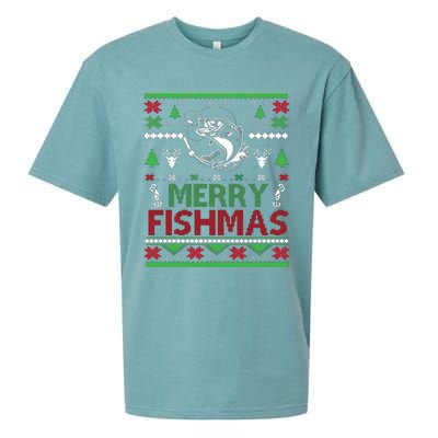 Fishing Ugly Christmas Bass Fish Merry Fishmas Gift Sueded Cloud Jersey T-Shirt