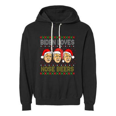 Funny Ugly Christmas Biden Loves Nose Beers Garment-Dyed Fleece Hoodie