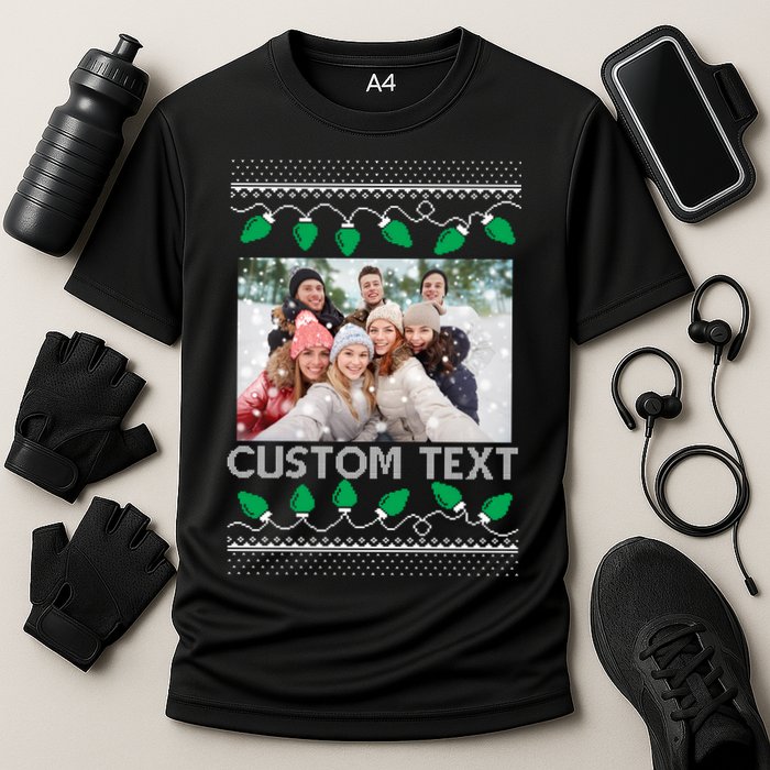 Family Ugly Christmas Sweater Design Custom Photo Text Cooling Performance Crew T-Shirt