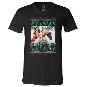 Family Ugly Christmas Sweater Design Custom Photo Text V-Neck T-Shirt