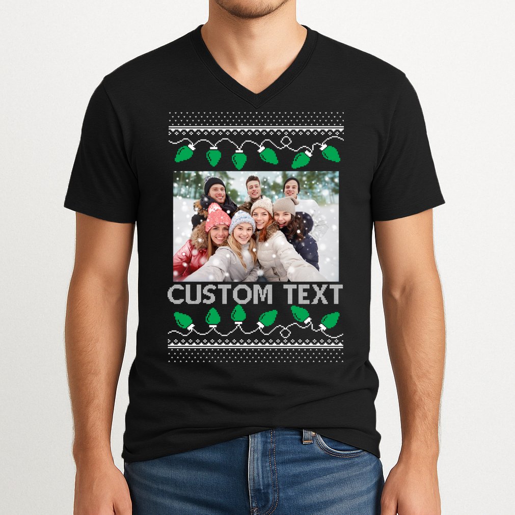 Family Ugly Christmas Sweater Design Custom Photo Text V-Neck T-Shirt