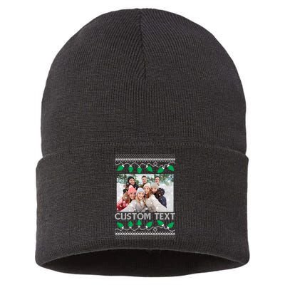 Family Ugly Christmas Sweater Design Custom Photo Text Sustainable Knit Beanie