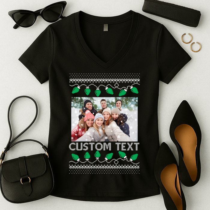 Family Ugly Christmas Sweater Design Custom Photo Text Women's V-Neck T-Shirt