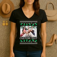Family Ugly Christmas Sweater Design Custom Photo Text Women's V-Neck T-Shirt