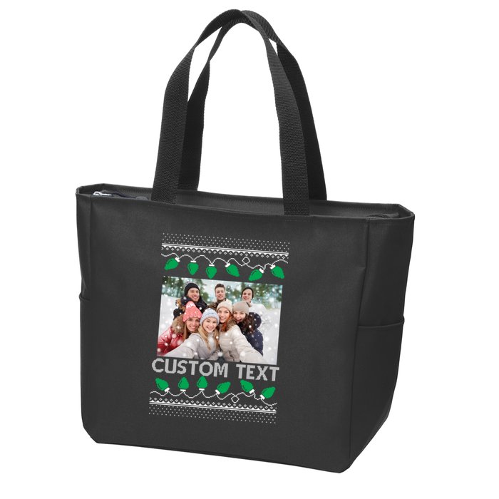 Family Ugly Christmas Sweater Design Custom Photo Text Zip Tote Bag