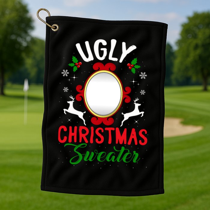 Funny Ugly Christmas Sweater With Mirror Golf Towel