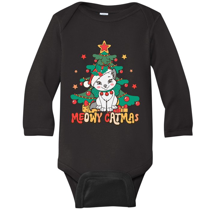 Funny Ugly Christmas Sweater Meowy Catmas Merry Catmas Girls  Baby Long Sleeve Bodysuit