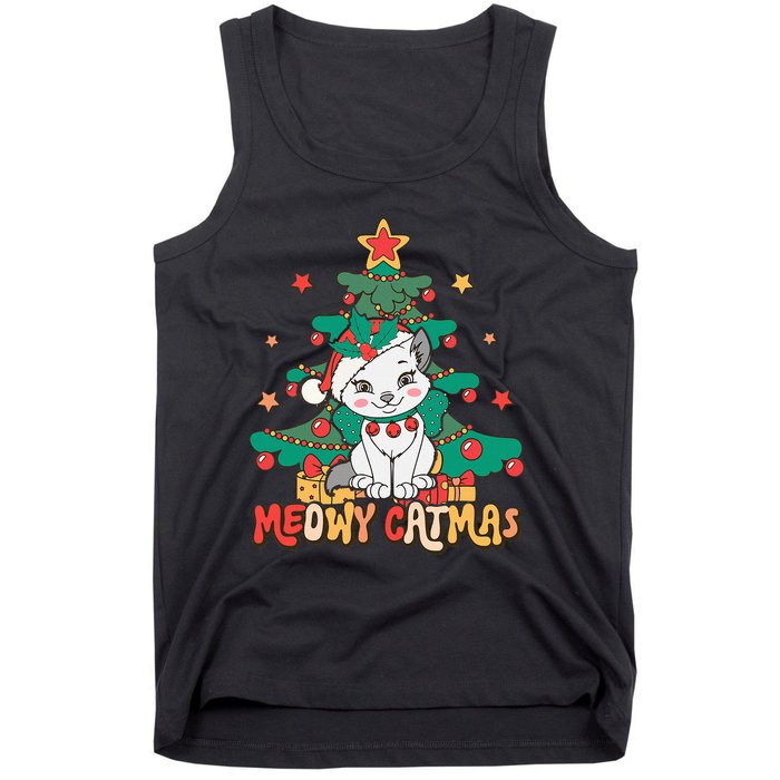 Funny Ugly Christmas Sweater Meowy Catmas Merry Catmas Girls  Tank Top