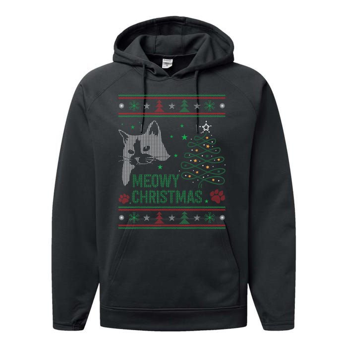 Funny Ugly Christmas Sweater Meowy Catmas Merry Catmas Xmas Performance Fleece Hoodie