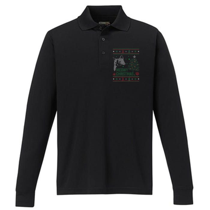 Funny Ugly Christmas Sweater Meowy Catmas Merry Catmas Xmas Performance Long Sleeve Polo