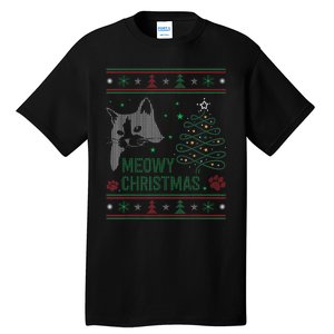 Funny Ugly Christmas Sweater Meowy Catmas Merry Catmas Xmas Tall T-Shirt