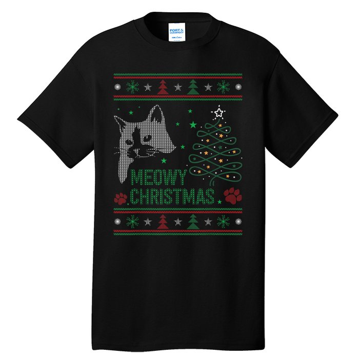 Funny Ugly Christmas Sweater Meowy Catmas Merry Catmas Xmas Tall T-Shirt