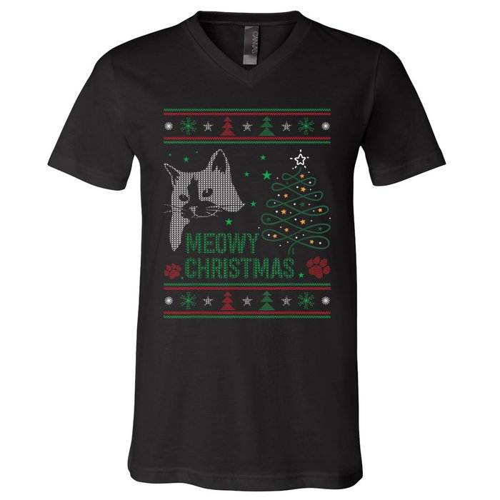 Funny Ugly Christmas Sweater Meowy Catmas Merry Catmas Xmas V-Neck T-Shirt