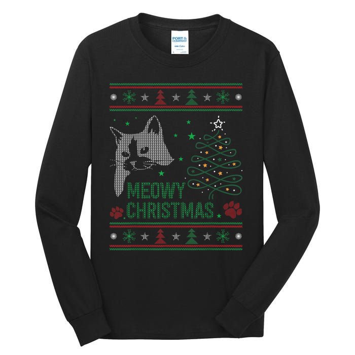 Funny Ugly Christmas Sweater Meowy Catmas Merry Catmas Xmas Tall Long Sleeve T-Shirt