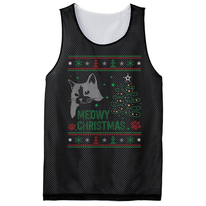 Funny Ugly Christmas Sweater Meowy Catmas Merry Catmas Xmas Mesh Reversible Basketball Jersey Tank