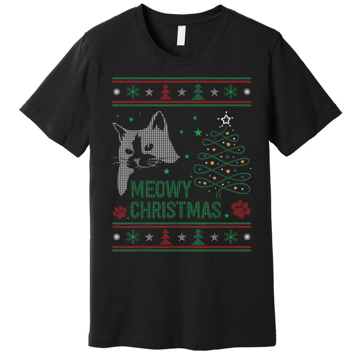 Funny Ugly Christmas Sweater Meowy Catmas Merry Catmas Xmas Premium T-Shirt