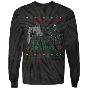 Funny Ugly Christmas Sweater Meowy Catmas Merry Catmas Xmas Tie-Dye Long Sleeve Shirt