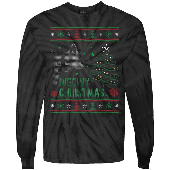 Funny Ugly Christmas Sweater Meowy Catmas Merry Catmas Xmas Tie-Dye Long Sleeve Shirt