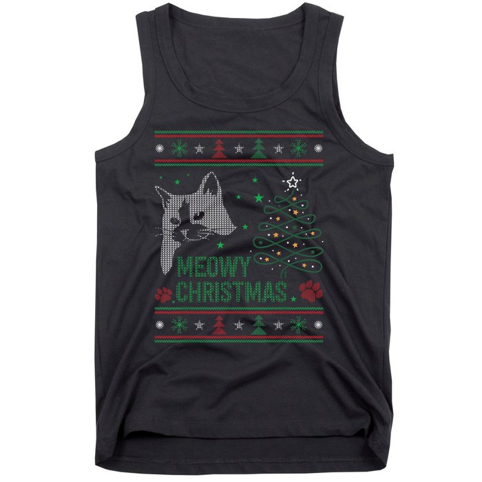 Funny Ugly Christmas Sweater Meowy Catmas Merry Catmas Xmas Tank Top