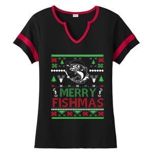 Fishing Ugly Christmas Bass Fish Merry Fishmas Funny Gift Ladies Halftime Notch Neck Tee