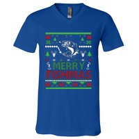 Fishing Ugly Christmas Bass Fish Merry Fishmas Funny Gift V-Neck T-Shirt