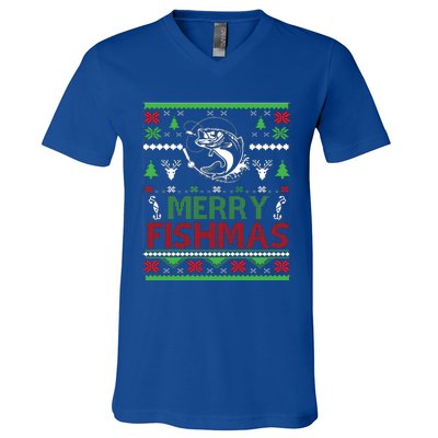 Fishing Ugly Christmas Bass Fish Merry Fishmas Funny Gift V-Neck T-Shirt