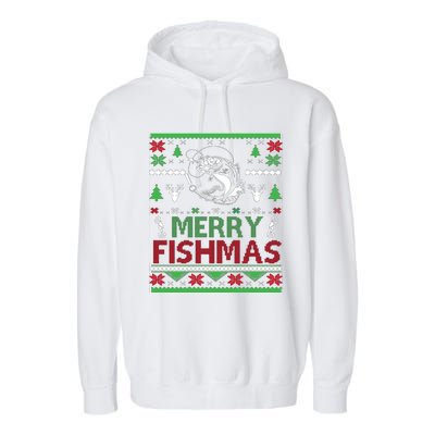 Fishing Ugly Christmas Bass Fish Merry Fishmas Funny Gift Garment-Dyed Fleece Hoodie