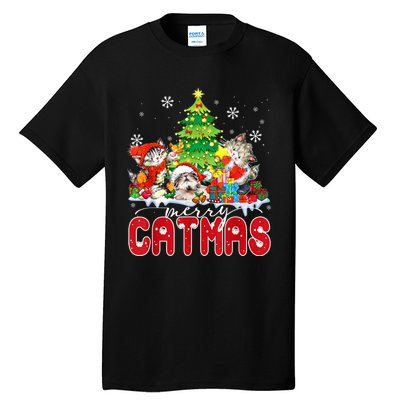 Funny Ugly Christmas Shirts Catmas Kitten Owners Santa Hat Tall T-Shirt