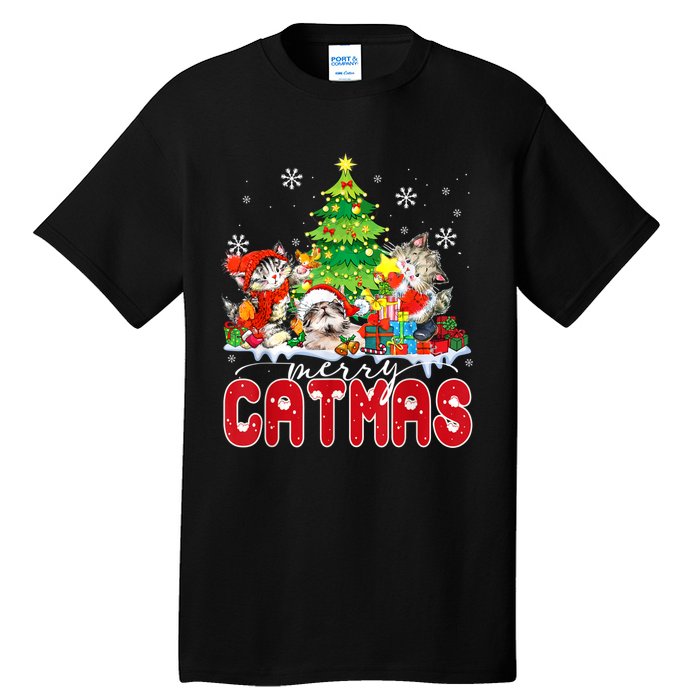 Funny Ugly Christmas Shirts Catmas Kitten Owners Santa Hat Tall T-Shirt