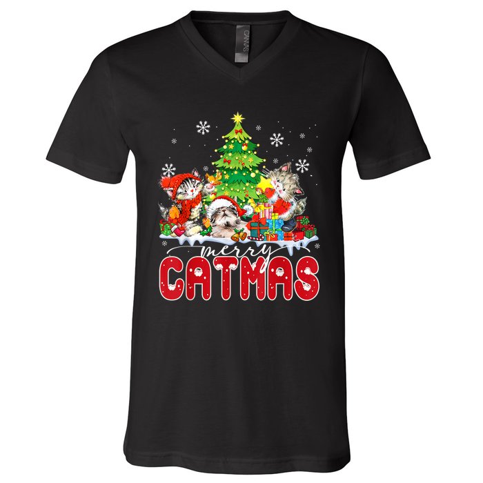 Funny Ugly Christmas Shirts Catmas Kitten Owners Santa Hat V-Neck T-Shirt