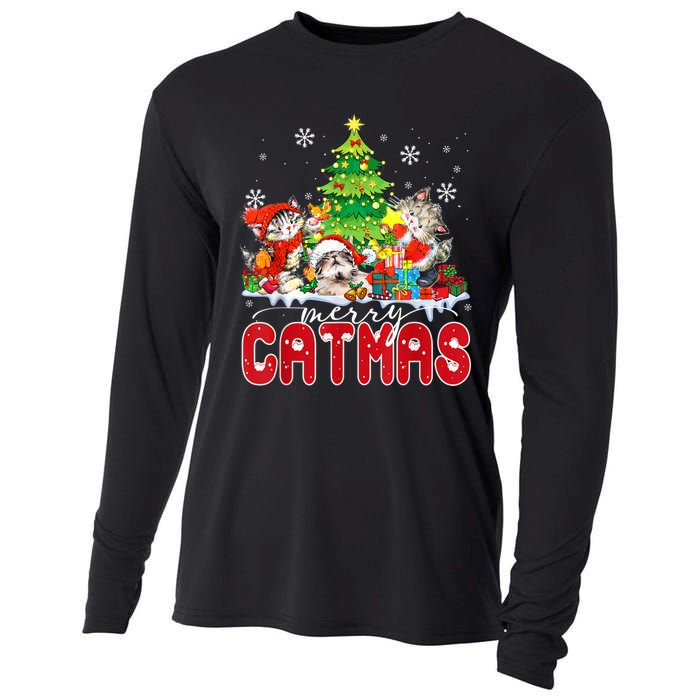 Funny Ugly Christmas Shirts Catmas Kitten Owners Santa Hat Cooling Performance Long Sleeve Crew