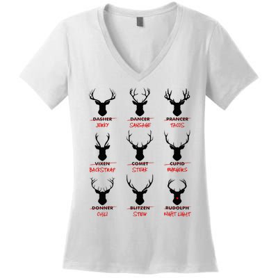 Funny Ugly Christmas Top Deer Hunter SantaS Reindeer Jerky Women's V-Neck T-Shirt